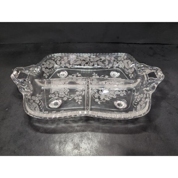 Fostoria Etched Glass Divided Relish‎ Dish, Basket Floral Design, 3-Part Serving - Picture 1 of 10
